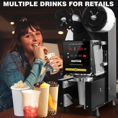 Hassle Free Commercial Cup Sealer Machine With Smart Heat Preservation Tech and Quick Auto Manual Switching for Reliable Plastic Food Packaging with multiple drink cups.