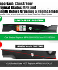 Mower Blades For Husqvarna 48 Inch Deck Zero Turn Riding Mower Z248F YTH Series Replacement Beefy High Lift Sixteen Five Eighths Inch Fits MPN 588811002 532180054 dimensions comparison with non-compatible blades.