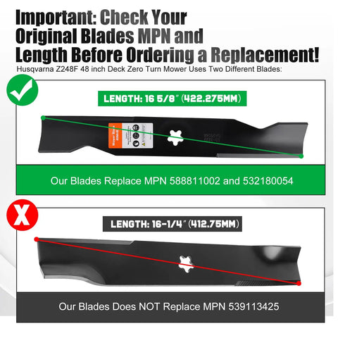 Mower Blades For Husqvarna 48 Inch Deck Zero Turn Riding Mower Z248F YTH Series Replacement Beefy High Lift Sixteen Five Eighths Inch Fits MPN 588811002 532180054 dimensions comparison with non-compatible blades.