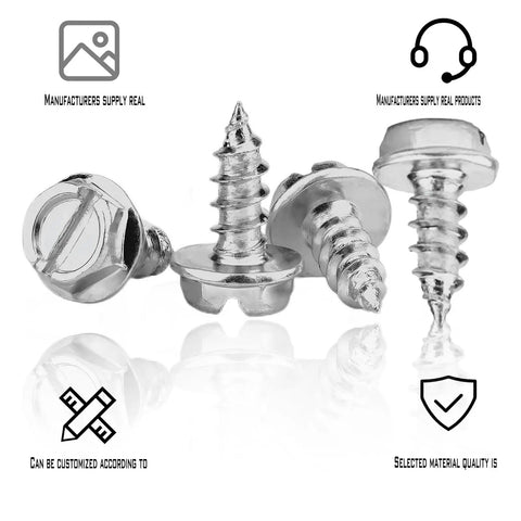 4 Piece 304 Stainless Steel License Plate Screw Kit With Slotted Bolts And Self Tapping Design For Secure Front Rear Car Truck Suv Mounting Silver Finish showing hex head bolts.