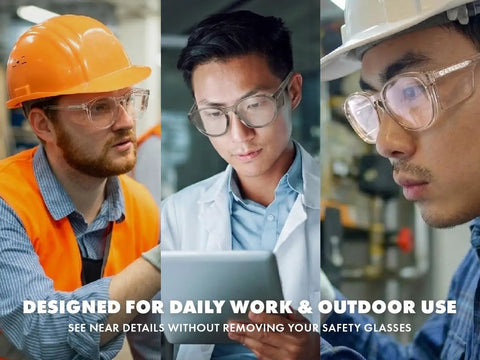 Heavy Duty Z87 Plus Safety Reading Specs With UV400 Side Shields And Impact Resistant Lenses Built Tough For Jobsites And The Daily Grind Featuring One Five X Clearfall Magnification worn by professionals in a work setting.