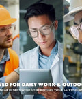 Built Like A Tank Z87 Plus Safety Reading Glasses With Wraparound UV400 Side Shields And Shatterproof Lenses Made For Rough Worksites And Laid Back Weekends, showcasing three users in safety eyewear for daily work.