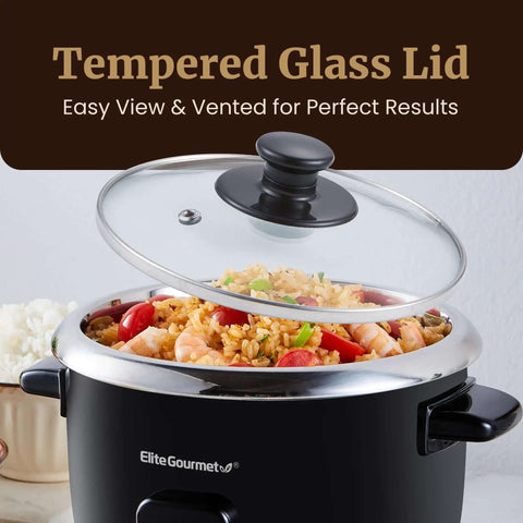 6-Cup Electric Rice Cooker With Stainless Steel Inner Pot and tempered glass lid, black, with cooked rice showing inside