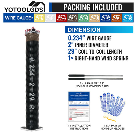 Right Hand Garage Door Torsion Spring 0.234x2x29 In Red Cone Non Slip Winding Bars And Gloves displayed with dimensions