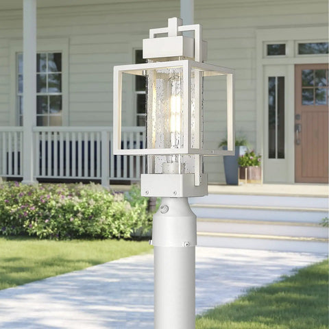 Dusk To Dawn Outdoor Post Light With Pier Mount Base, white weatherproof lantern with auto on off sensor in garden setting