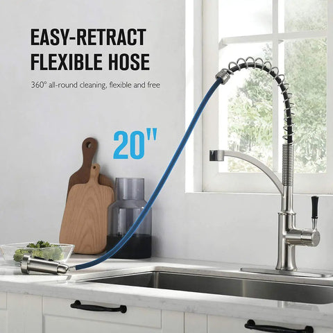 Pull Down Sprayer Kitchen Faucet With Single Handle In Brushed Nickel Finish, High Arc Gooseneck Spout, 360 Degree Rotation