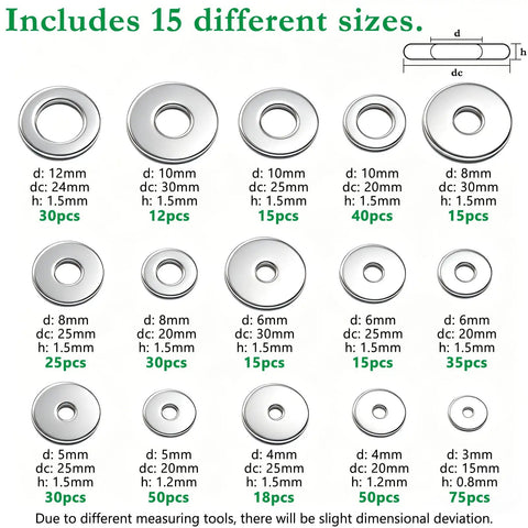 455 Piece 304 Stainless Steel Fender Washer Kit With 15 Size Options For Bolts And Screws M3 To M12 showing 15 different sizes