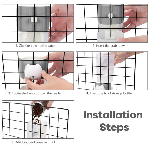 Installation steps for No Fuss Slick Hanging Automatic Small Pet Food Water Dispenser For Cages With Anti Spill Base.