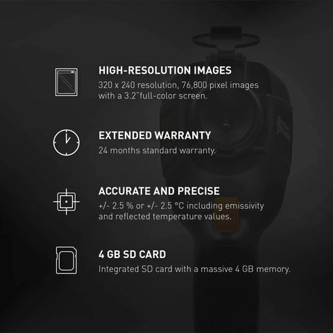 Infrared Thermal Imager And Visible Light Camera With 76,800 Pixel Resolution, 3.2 Inch Color Screen, Temperature Range From Minus 4 To 572 Fahrenheit, 9 Hz Refresh Rate, A Must Have Tool For Pros And DIY, 24 Month Warranty Included features listed including resolution, warranty, precision, and SD card.
