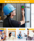 Wall Stud Finder used by a man in a blue hard hat detecting studs in a wall during construction.
