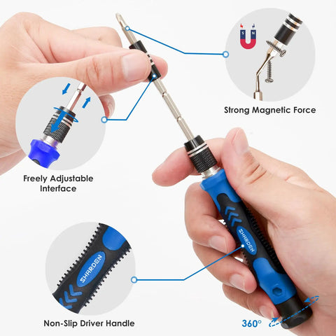 Hands demonstrating the 122 In 1 Magnetic Precision Screwdriver Set With Case For Electronics Repair, highlighting features like magnetic force and non-slip handle.
