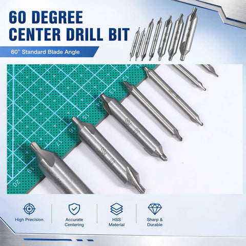 Center Drill Bit Set 7 Piece M2 High Speed Steel 60 Degree Angle Bits for Lathe and Metalworking on a cutting mat