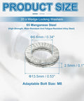 20 Pack M8 Wedge Locking Washers, Heavy Duty Manganese Steel Safety Hardware For Bolts And Screws, size dimensions shown.