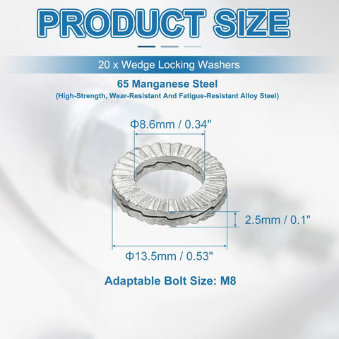 20 Pack M8 Wedge Locking Washers, Heavy Duty Manganese Steel Safety Hardware For Bolts And Screws, size dimensions shown.