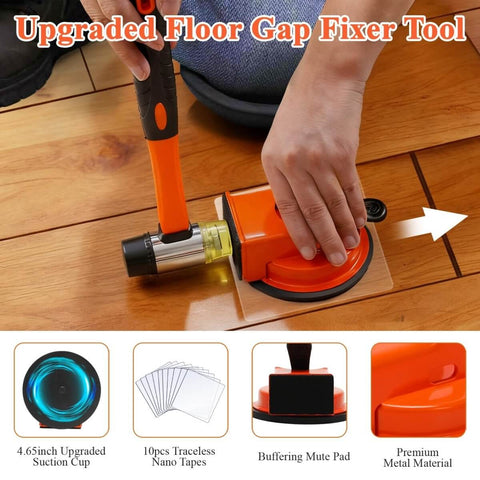Pro Grade Floor Gap Fixer Tool With Strong Suction Cup And 10 Reusable Sticky Pads in use on hardwood floor