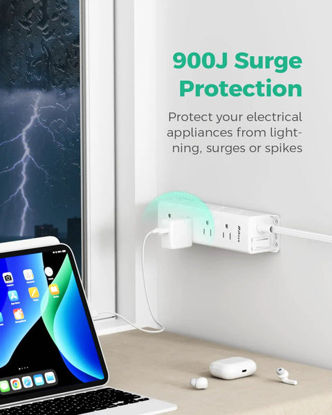 Dope 12 Outlet Surge Protector Power Strip With 3 Side Design Wall Mount Flat Plug 5 Foot Cord Widely Spaced Outlets Overload Protection And 900 Joules Surge Protection For Home Office Dorm Room shown in use with devices.