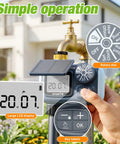 Solar Powered Sprinkler Timer With 1000mAh Type-C Rechargeable Battery demonstrating digital display and control setup