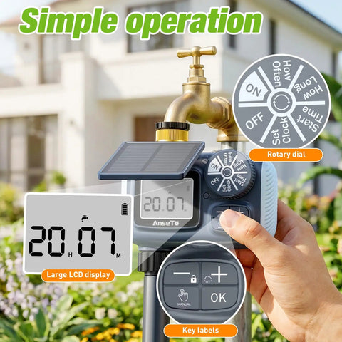 Solar Powered Sprinkler Timer With 1000mAh Type-C Rechargeable Battery demonstrating digital display and control setup