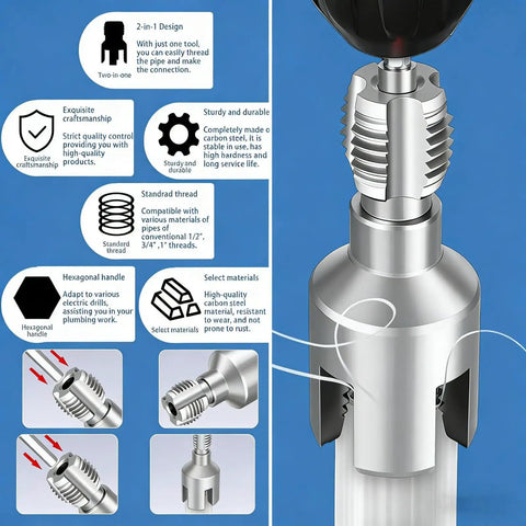 Close-up of the 2026 New Dual Function Pipe Tapping And Threading Tool Kit, showcasing carbon steel design and hexagonal handle.