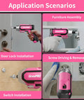 4V Cordless USB Rechargeable Screwdriver Kit With 29 Bits in use for various home repairs and installations, pink tool