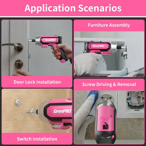 4V Cordless USB Rechargeable Screwdriver Kit With 29 Bits in use for various home repairs and installations, pink tool