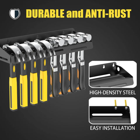 Hammer Holder Wall Mount Organizer For Garage And Workshop Pegboard Compatible Tool Rack with hammers hanging on it