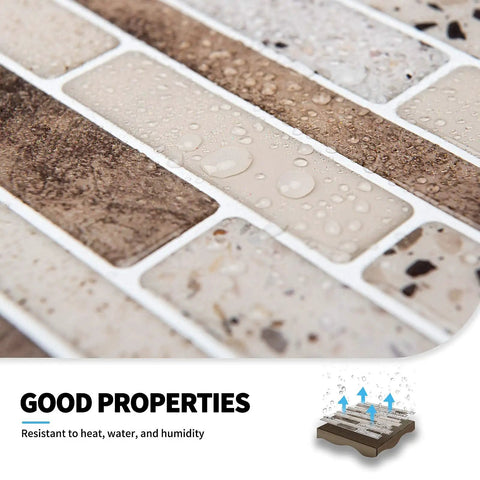Close-up of Peel And Stick Brick Kitchen Backsplash Self Adhesive Wall Tiles Stone Design Brown 10 Sheets showing water resistance