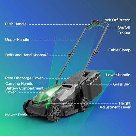 Lightweight 14 Inch Cordless Lawn Mower With 20V Power And 5Ah Battery, Ultra Quiet Push Mower For Small Yards Up To 3,000 Sq Ft, Easy Maneuver, Backyard Lawn Care And Maintenance with labeled handle and grass bag