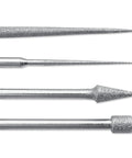 Four diamond tips from Diamond Reamer Set With Four Interchangeable Tips Wood Handle And Handy Storage Tube For Bits For Opening