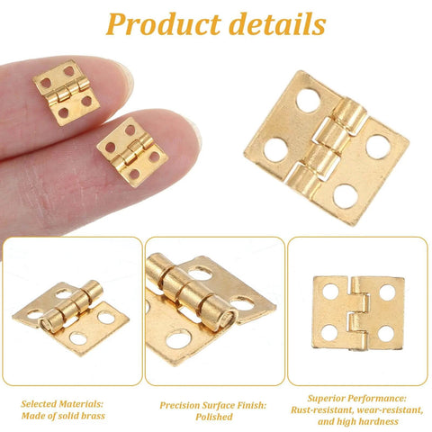Gold Copper Mini Hinges For Crafts Pack Of 500 With Matching Screws, Tiny Yet Boss Hinges For Dollhouse Jewelry Box And Miniature DIY Projects, Premium Gold Plated Copper Hardware By Elegaperma displayed on fingertips and surface.