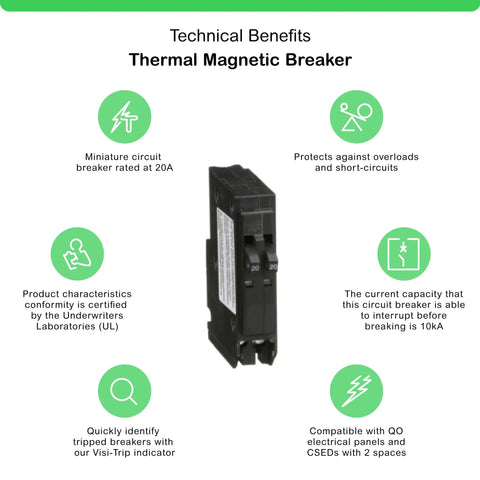 Tandem Mini Circuit Breaker For QO Panels Two In One 2 Poles 20 Amp 120 240V Plug In Mount Dual Breaker With Thermal Magnetic Trip 10kA Interrupt Rating Space Saving Design Clam Pack QO2020C shown with technical benefits.
