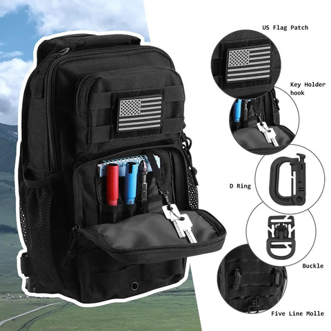 Rugged Tactical Sling Pack For Everyday Carry, Shoulder Crossbody Bag With Bottle Holder, 13L Capacity, Black With Grey Patch