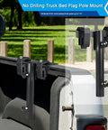 Universal Truck Bed Flag Pole Mount Kit Featuring Beefy No Drill Hardware, black steel, fits 1.5 inch tubes, convenient for RV camping.