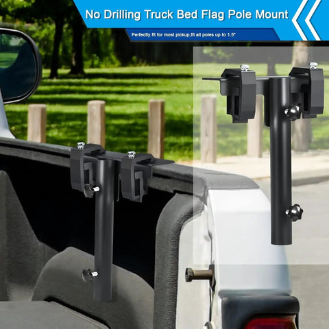 Universal Truck Bed Flag Pole Mount Kit Featuring Beefy No Drill Hardware, black steel, fits 1.5 inch tubes, convenient for RV camping.