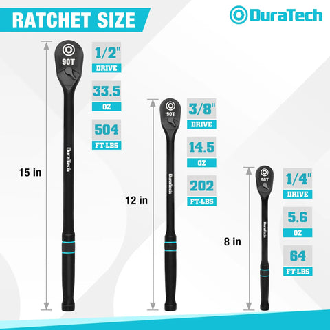 Three Piece Extra Long Drive Ratchet Set With 90 Tooth Mechanic Wrenches Includes 1/4 Inch 3/8 Inch And 1/2 Inch Drives Built From CRV Steel With Manganese Phosphate Black Finish For Heavy Duty Pro Grade Durability, size chart