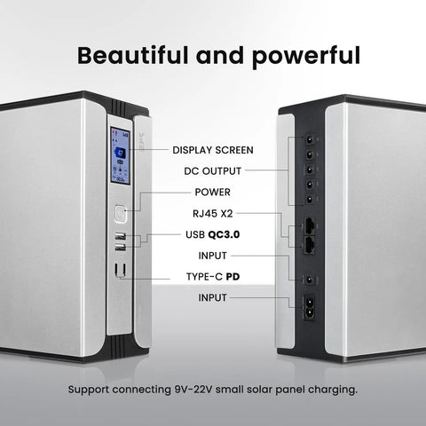 Compact 30000mAh Battery Backup Uninterruptible Power Supply with Surge Protector, display screen, USB Type C, and DC ports visible