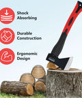 15 Inch Camping Axe With Sheath for Chopping and Splitting, showcased on a tree stump, highlighting ergonomic red and black handle.
