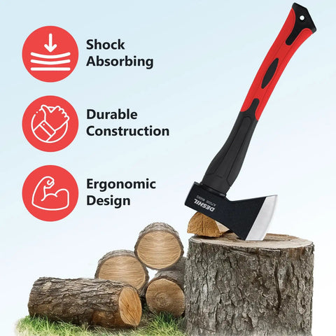 15 Inch Camping Axe With Sheath for Chopping and Splitting, showcased on a tree stump, highlighting ergonomic red and black handle.