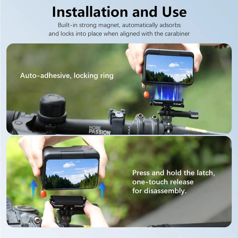 Magnetic Quick Release Adapter Mount for Insta360 GO Ultra, attached to a bike handlebar with landscape view on screen