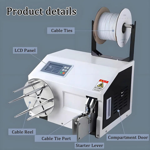 Slick Automatic Bundling Machine For Gold Wire Sealing With Fast Twist Tye Sealer And Smart Winding Function, displaying cable ties and LCD panel.