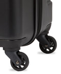 Carry-on luggage: black hardside with spinner wheels.