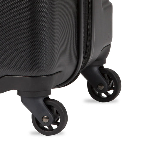 Carry-on luggage: black hardside with spinner wheels.