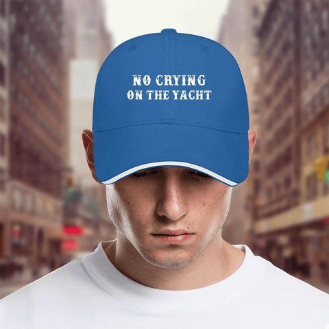 Man wearing Blue No Crying On The Yacht Hat For Men Dope Yacht Cap Great For Casual Wear And Athletic Gear Made In USA