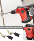 Two Pairs Carbon Brushes For Hilti TE60 TE72 Rotary Hammer Motor in use, showing size 23x12.5x6.3mm, auto cut-off feature.