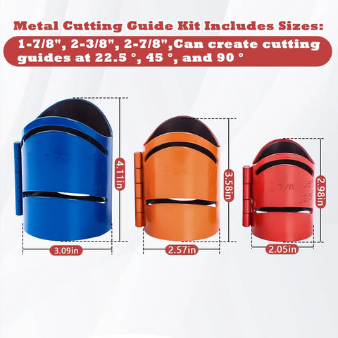 Magnetic Metal Pipe Cutting Guide Kit for Precision Cuts and Pipe Marking Tool with three sizes in blue, orange, and red, labeled.