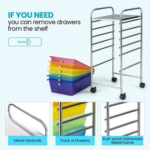 6 Drawer Rolling Storage Cart For Tools, Scrapbook Paper, Crafts, Home Office, And School Supplies next to colorful plastic drawers.