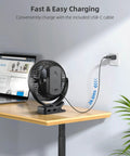 8 Inch Clip On Fan With 10000mAh Battery, All Day Cordless Power, USB rechargeable on desk with USB-C charging cable attached