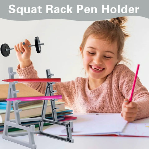 Girl smiling with Squat Rack Pen Holder For Desk With Barbell Rack Design Gym Themed Office Organizer Mini Weight Rack Pencil Holder