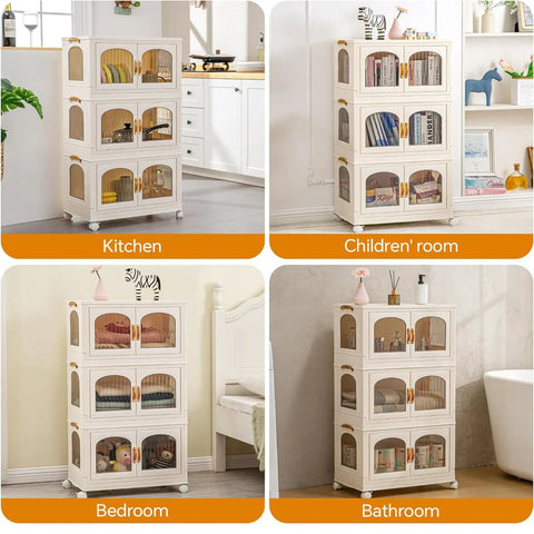 Super Roomy Foldable Storage Bins With Smooth Rolling Wheels And Snug Lid Covers Hella Big Stackable Plastic Closet Organizers in kitchen, bedroom, and bathroom.