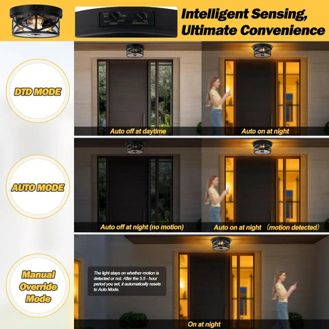 Kickass Motion Sensor Outdoor Ceiling Light Black Flush Mount with Dusk To Dawn and Auto Off Twilight Switch for Porch and Patio in use at night.